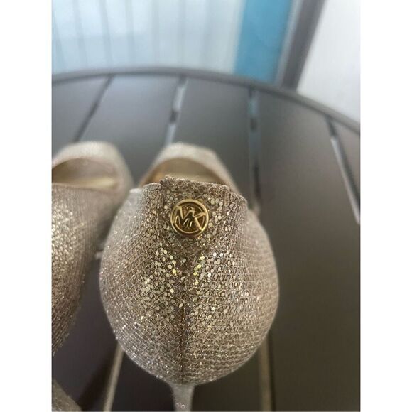 NWOB Michael Kors Erica Platform Open Toe Gold Glittered Heeled Pumps - Picture 13 of 14